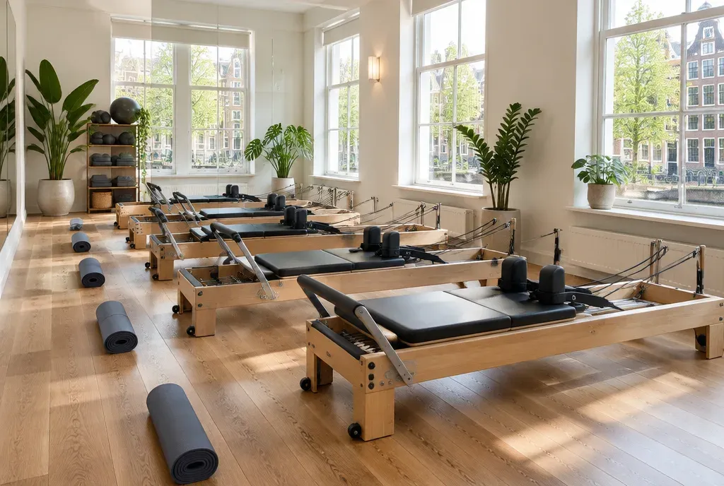 Lichte studio met pilates reformers en yogamatten