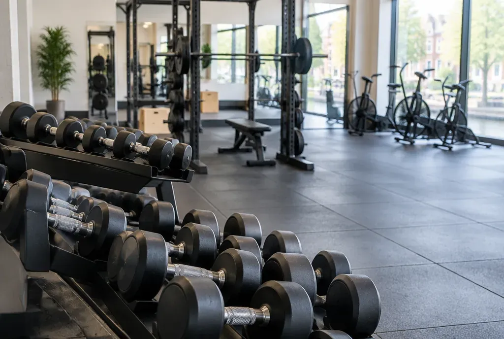 Sportschool met dumbbells en fitnessapparaten in daglicht