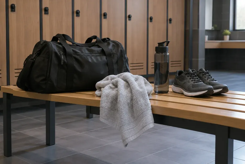 Sporttas en handdoek op een bankje in de kleedkamer van een sportschool