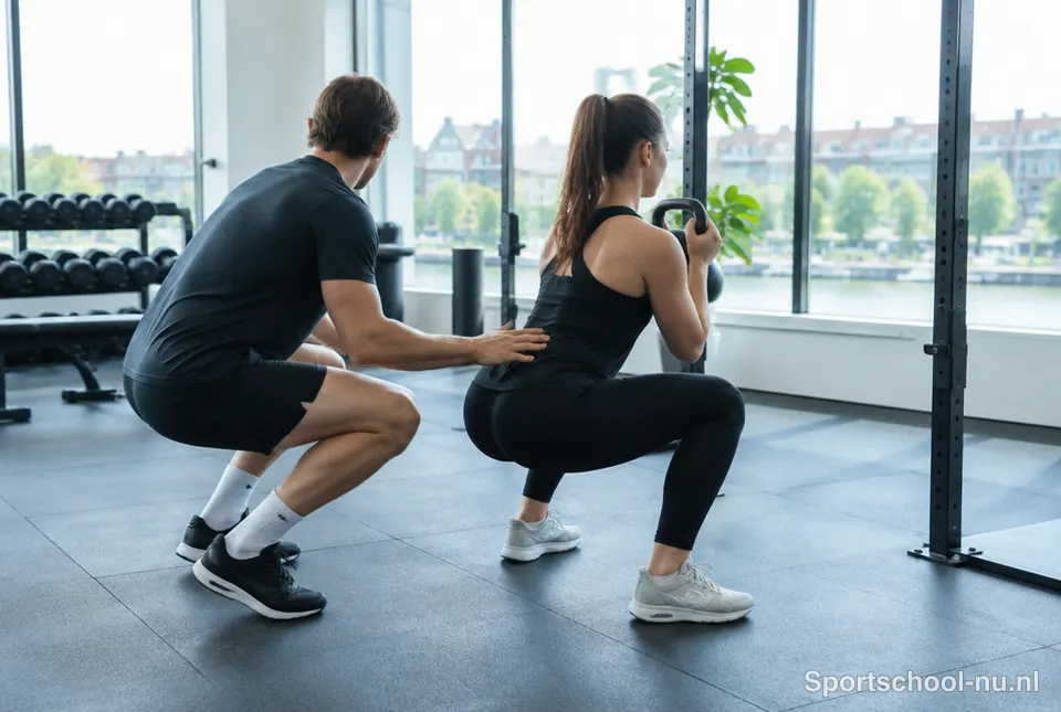 Personal trainer begeleidt een sporter bij squats
