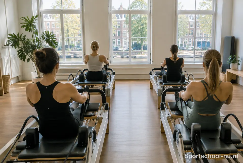 Pilatesles op reformers in een lichte studio